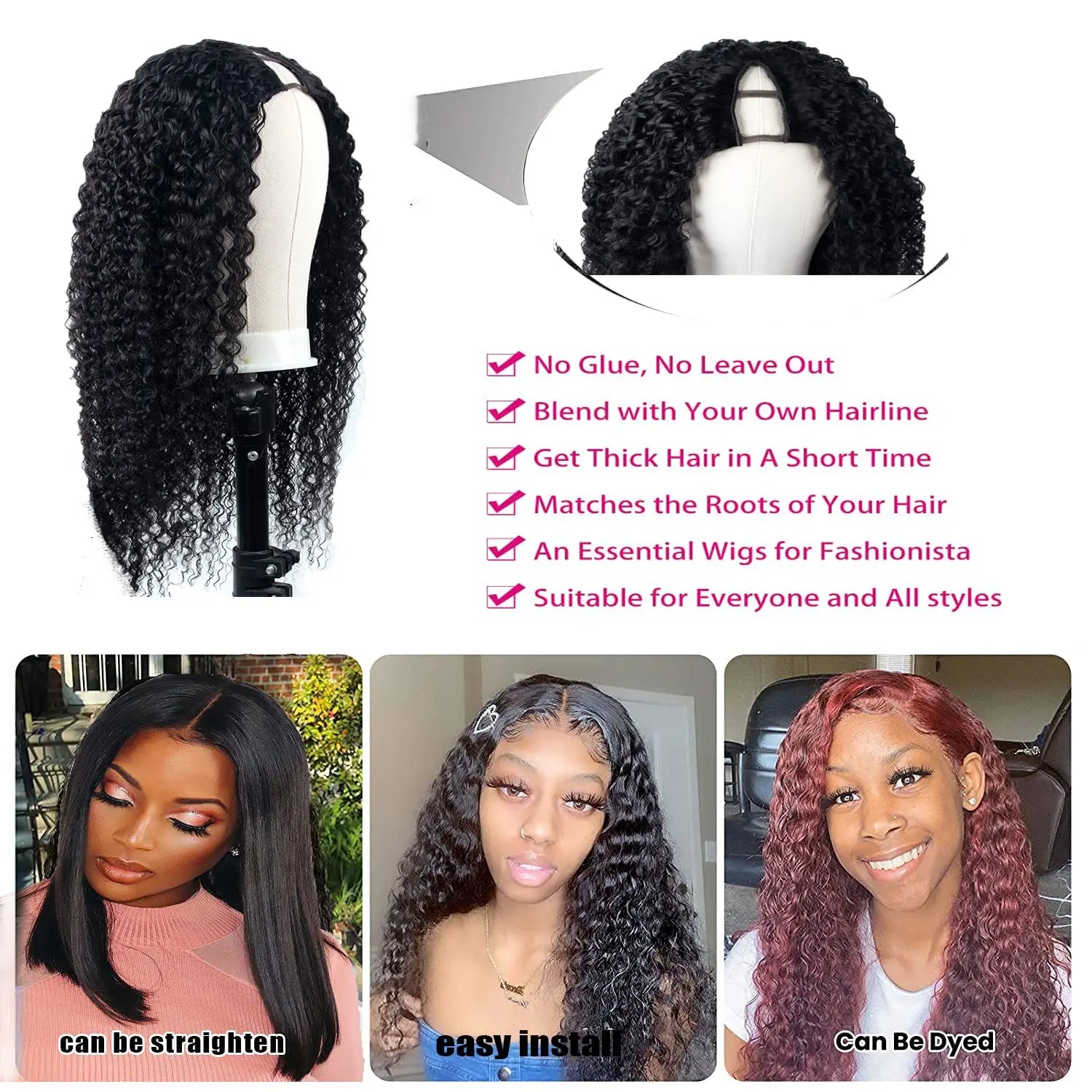 Kinky Curly U & V Part Human Hair Wig