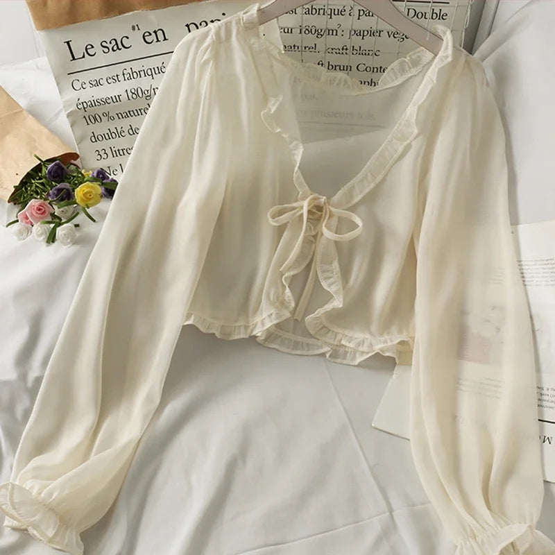 Long Sleeve Breathable Lace Bow Cardigan Blouse